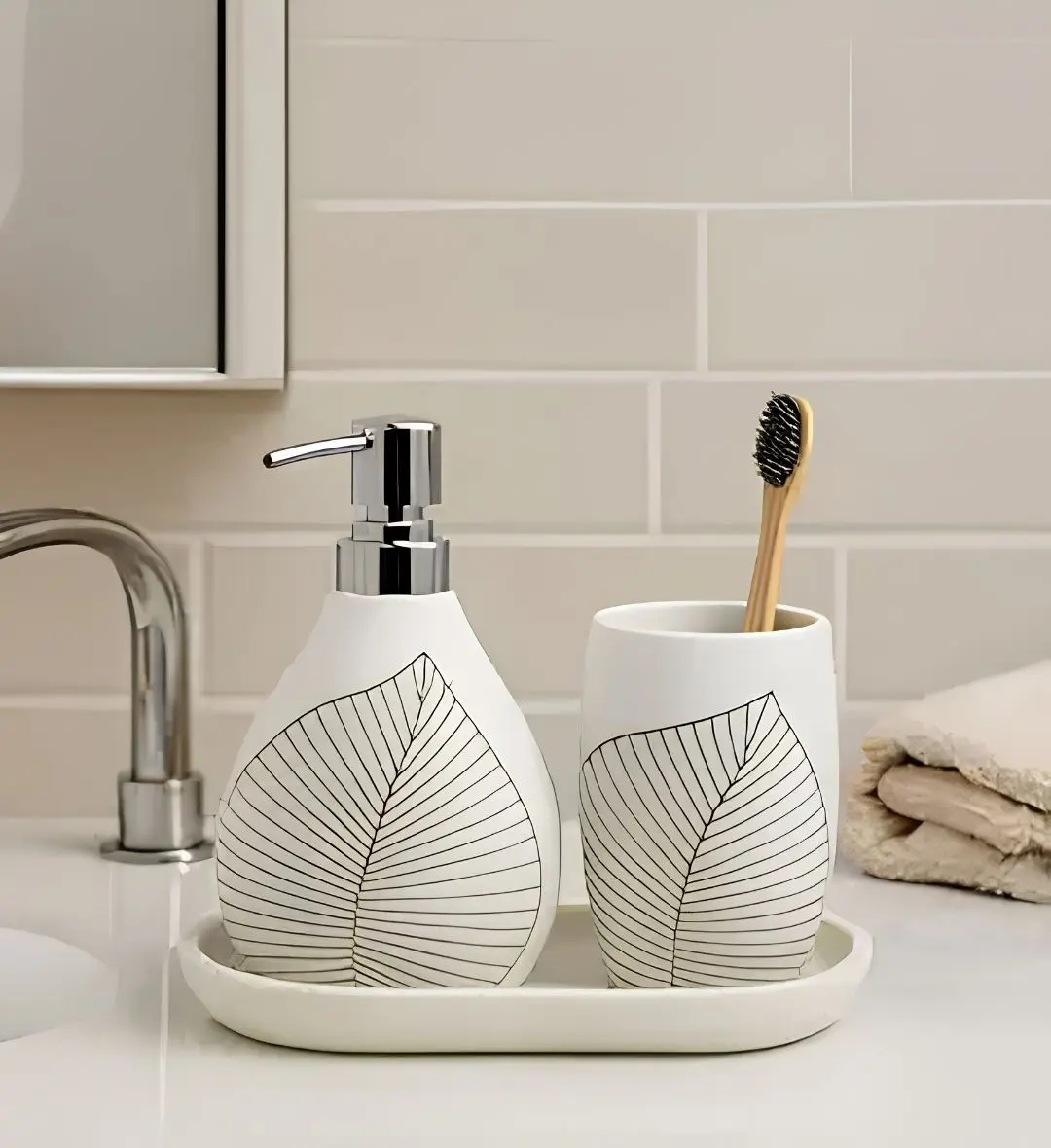 Bath Set 3pcs | Soap Dispenser, Toothbrush Holder & Tray – 4615 (Soap Dispenser:18.9 × × 10.4 × × 7.3cm (230 ml); Tooth...